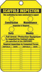 Accuform Signs 5 3/4" X 3 1/4" Yellow And Black 10 mil PF-Cardstock Two Sided Scaffold Status Tag "SCAFFOLD INSPECTION THIS SCAFFOLDING HAS BEEN CONSTRUCTED TO SUPPORT" With 3/8" Plain Hole-eSafety Supplies, Inc