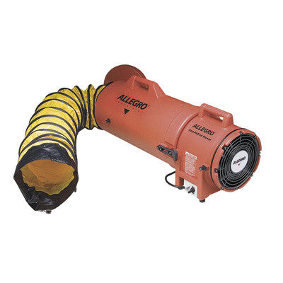 Allegro 32 1/8" X 11" X 14 1/2" 816 cfm 1/3 hp 12 VDC 25 A Plastic Compaxial Blower With Canister And 8" X 25' Flexible Duct-eSafety Supplies, Inc