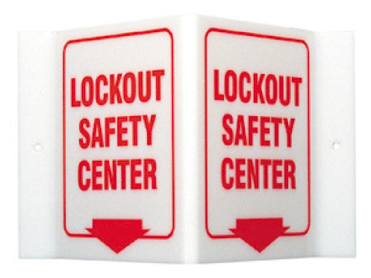 Brady® 6" X 9" X 4" Red On White Acrylic Safety Sign "LOCKOUT SAFETY CENTER W/DOWN ARROW""-eSafety Supplies, Inc