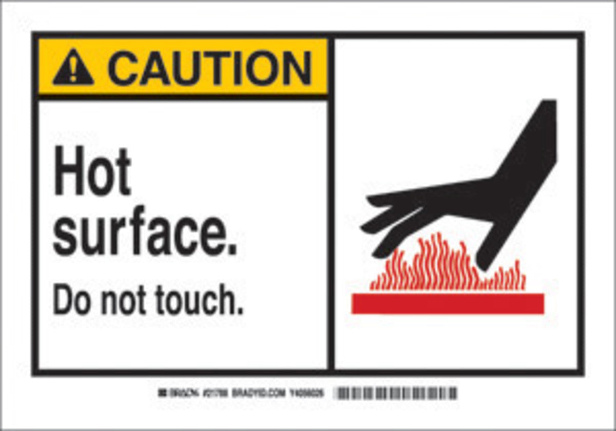 Brady® 3 1/2" X 5" X .006" Black/Red On Yellow .01" B-302 Polyester Caution Sign "HOT SURFACE DO NOT TOUCH"-eSafety Supplies, Inc