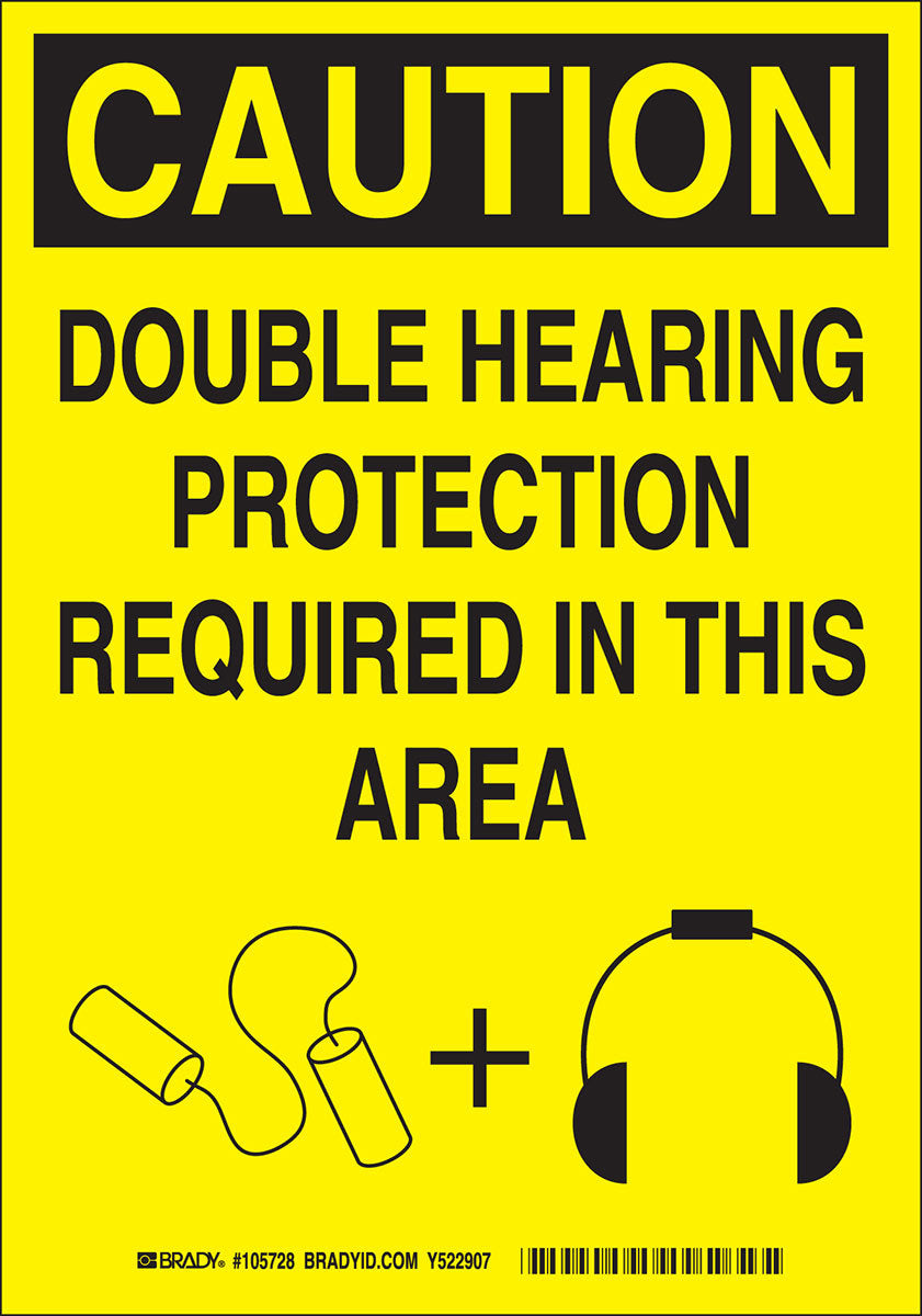 Brady® 10" X 7" X .035" Black On Yellow B-555 Aluminum Safety Sign "DOUBLE HEARING PROTECTION REQUIRED IN THIS AREA"-eSafety Supplies, Inc