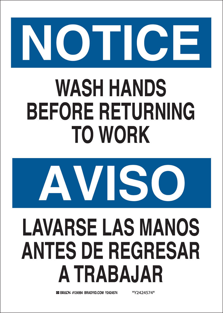 Brady® 10" X 14" X .06" Black/Blue On White .0591" B-401 Polystyrene Safety Sign "WASH HANDS BEFORE RETURNING TO WORK/LAVESE LAS MAN"-eSafety Supplies, Inc