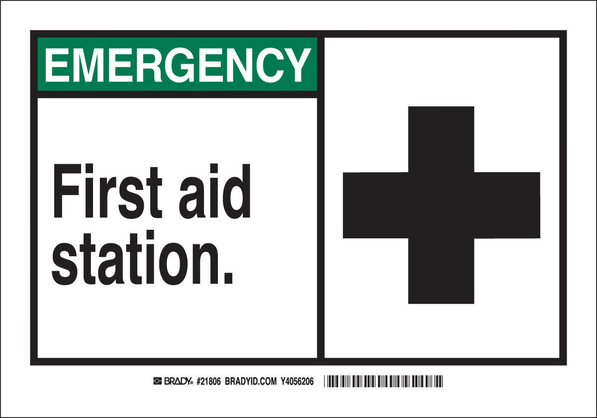 Brady® 7" X 10" X .06" Black/Green On White .0591" B-401 Polystyrene Safety Sign "FIRST AID STATION"-eSafety Supplies, Inc