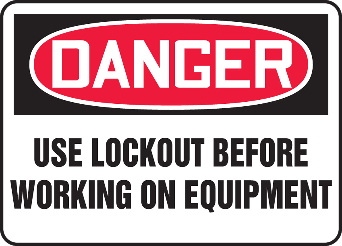 Accuform® 10" X 14" Red, Black And White Aluminum Safety Signs "DANGER USE LOCKOUT BEFORE WORKING ON EQUIPMENT"-eSafety Supplies, Inc