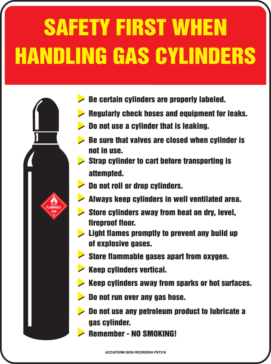 Accuform® 24" X 18" Red, Yellow, Black And White Plastic Laminate Safety Banners & Posters "HANDLING GAS CYLINDERS"-eSafety Supplies, Inc