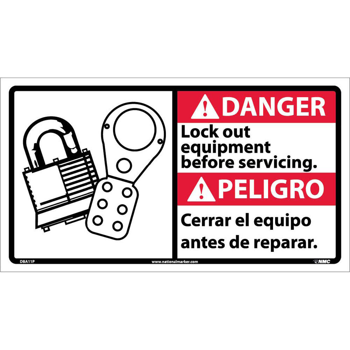 NM 10" X 18" White .0045" Pressure Sensitive Vinyl Spanish/English Bilingual Sign "Lock out equipment before servicing. Cerrar el equipo antes de reparar."-eSafety Supplies, Inc