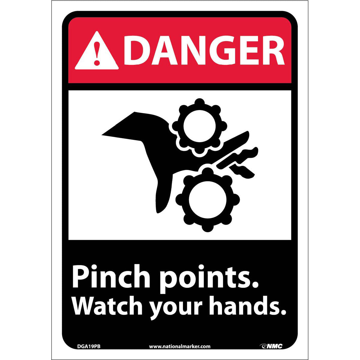 NM 14" X 10" White .0045" Pressure Sensitive Vinyl Machine And Operational Sign "DANGER Pinch points watch your hands."-eSafety Supplies, Inc
