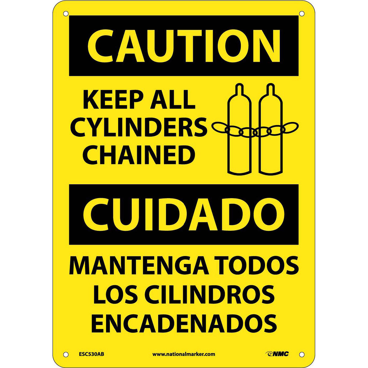 NM 14" X 10" Yellow .04" Aluminum Spanish/English Bilingual Sign "KEEP ALL CYLINDERS CHAINED MANTENGA TODOS LOS CILINDROS ENCADENADOS"-eSafety Supplies, Inc