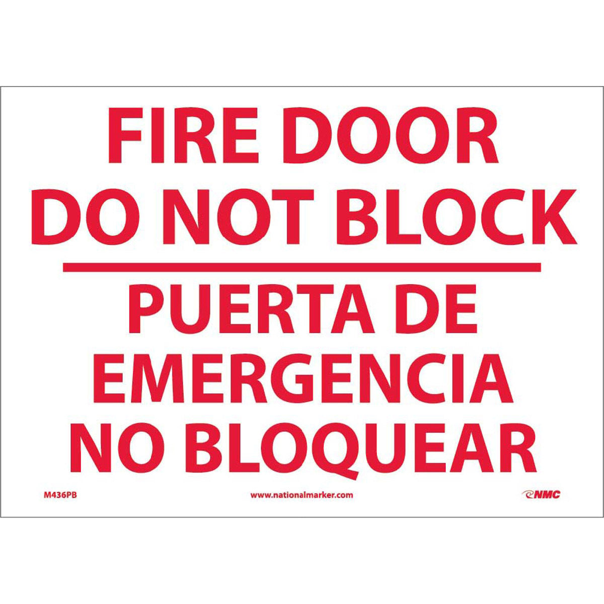 NM 10" X 14" White .0045" Pressure Sensitive Vinyl Spanish/English Bilingual Sign "FIRE DOOR DO NOT BLOCK PUERTA DE EMERGENCIA NO BLOQUEAR"-eSafety Supplies, Inc