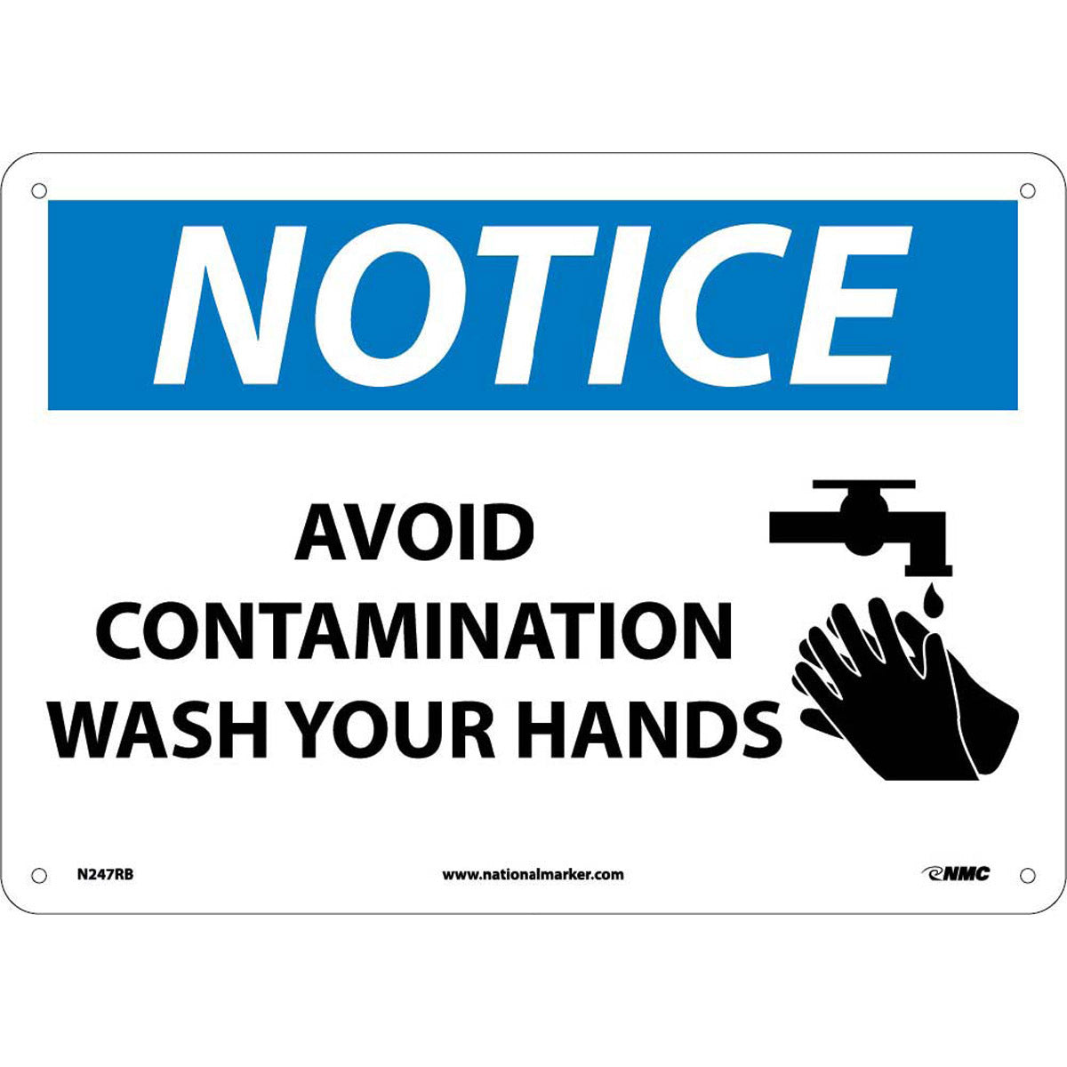 NM 10" X 14" White .05" Rigid Plastic Notice Sign "NOTICE AVOID CONTAMINATION WASH YOUR HANDS"-eSafety Supplies, Inc