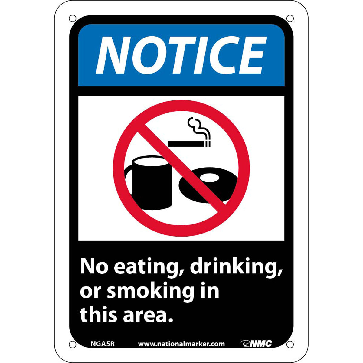 NM 10" X 7" White .05" Rigid Plastic Smoking Control Sign "NOTICE No eating, drinking, or smoking in this area."-eSafety Supplies, Inc