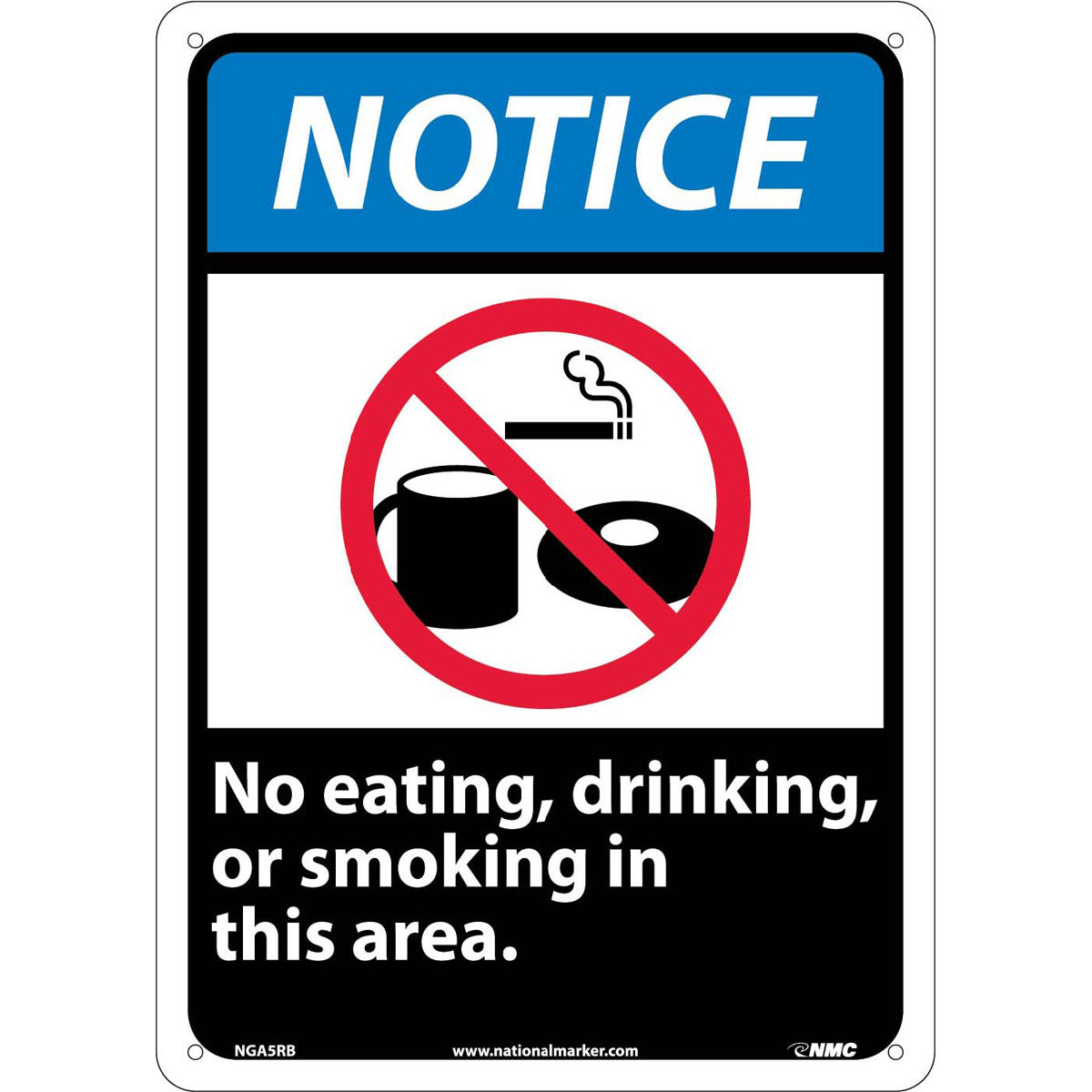NM 14" X 10" White .05" Rigid Plastic Smoking Control Sign "NOTICE No eating, drinking, or smoking in this area."-eSafety Supplies, Inc
