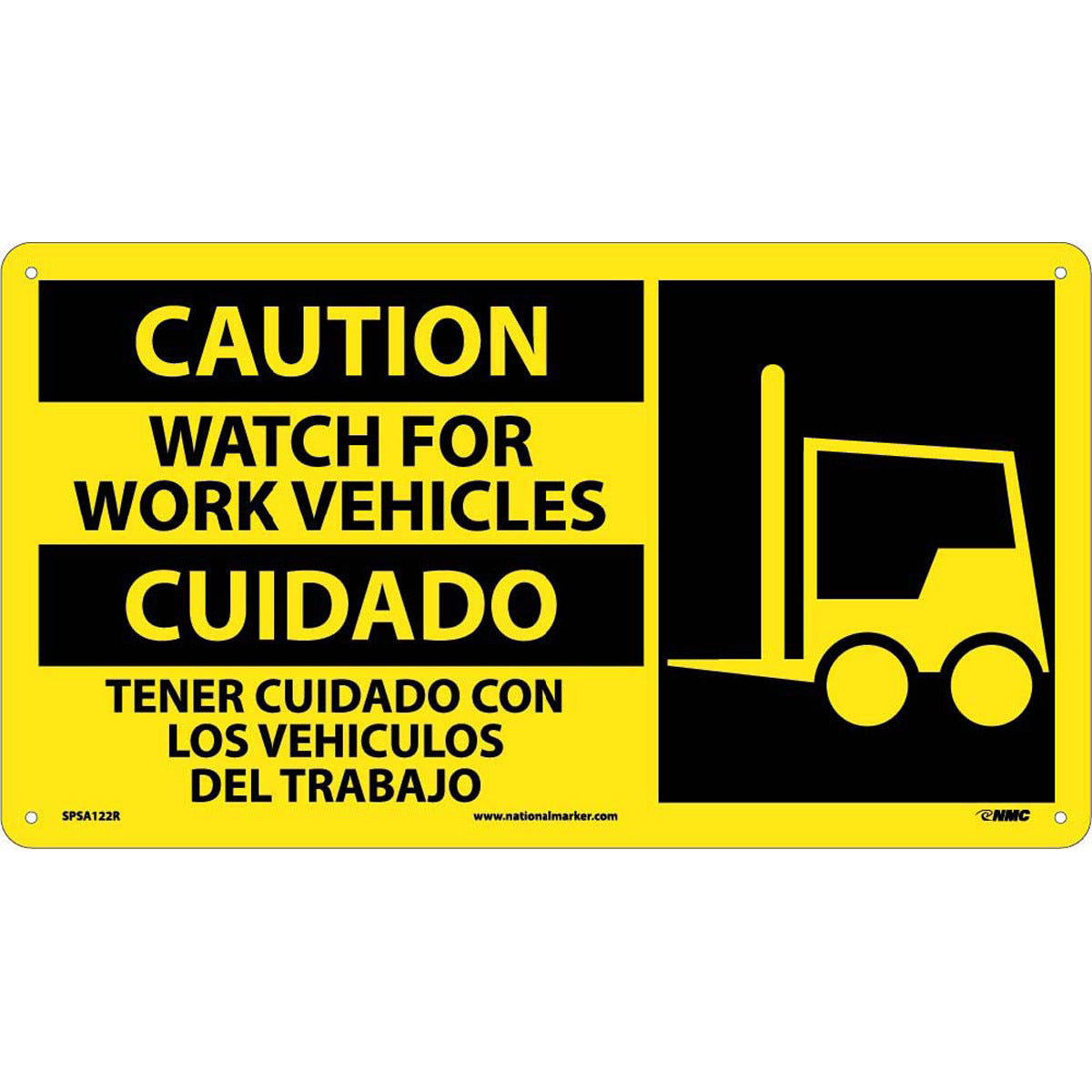 NM 10" X 18" Yellow .05" Rigid Plastic Spanish/English Bilingual Sign "WATCH FOR WORK VEHICLES TENER CUIDADO CON LOS VEHICULOS DEL TRABAJO"-eSafety Supplies, Inc