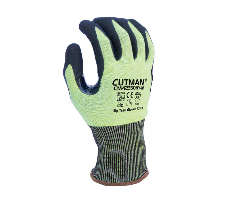 18G Hi-Vis Yellow HDPE, Black Micro-Foam Nitrile Palm coated, Reinforced Thumb Crotch, ANSI Cut A4 - Dozen