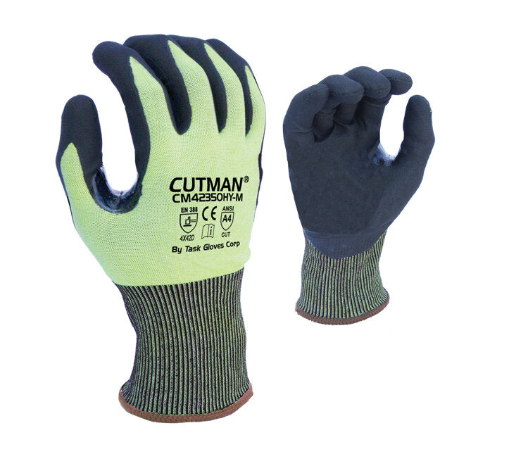 18G Hi-Vis Yellow HDPE, Black Micro-Foam Nitrile Palm coated, Reinforced Thumb Crotch, ANSI Cut A4-eSafety Supplies, Inc