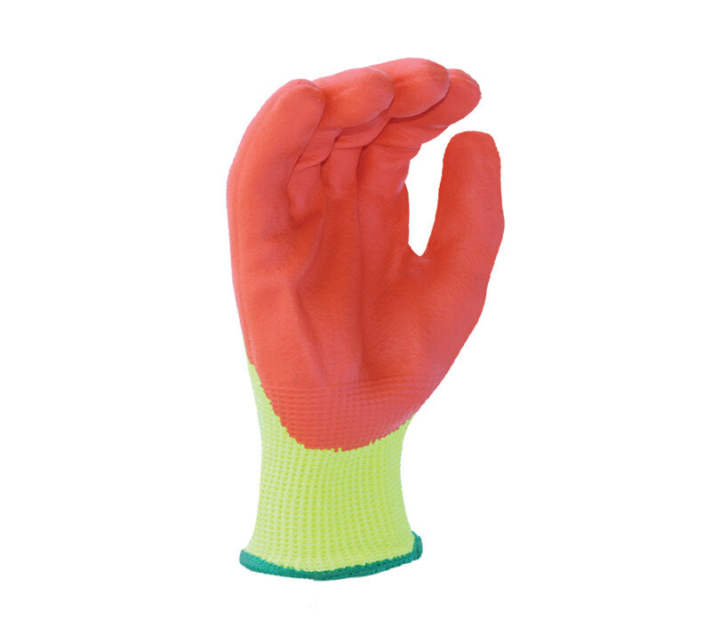 13 gauge Hi-Viz Yellow HDPE shell, Hi-Viz Orange Foam Nitrile Palm coated, ANSI A4 - Dozen