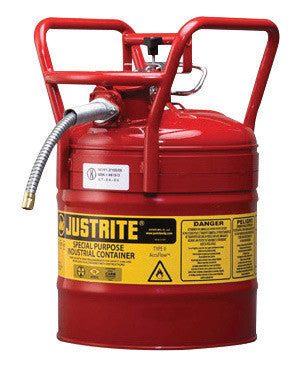 Justrite 5 Gallon Red AccuFlow Galvanized Steel Type II Vented Safety Can With Flame Arrester, 5/8" Metal Hose And Roller Bars-eSafety Supplies, Inc