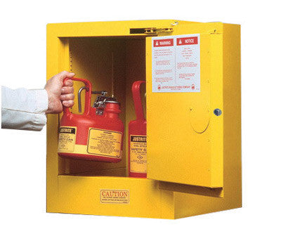 Justrite 4 Gallon Yellow Sure-Grip EX 18 Gauge Cold Rolled Steel Countertop Safety Cabinet With Self-Closing Door And Shelf-eSafety Supplies, Inc