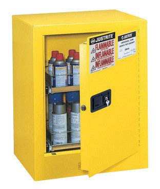 Justrite 21" X 27" X 18" Yellow Sure-Grip EX 18 Gauge Cold Rolled Steel Aerosol Can Benchtop Safety Cabinet With Drawers And Manual Close Door-eSafety Supplies, Inc