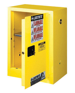 Justrite 12 Gallon Yellow Sure-Grip EX 18 Gauge Cold Rolled Steel Compact Safety Cabinet With Manual Close Door And Shelf-eSafety Supplies, Inc