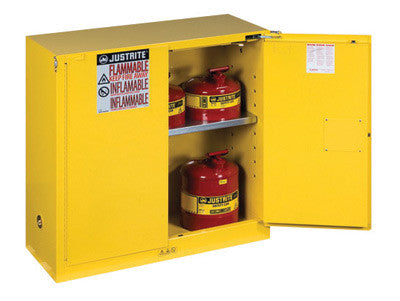 Justrite 30 Gallon Yellow Sure-Grip EX 18 Gauge Cold Rolled Steel Safety Cabinet With Self-Closing Doors And Shelf-eSafety Supplies, Inc