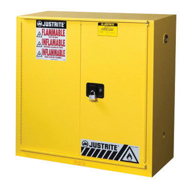 Justrite 36" W X 35" H X 24" D 30 Gallon Yellow Sure-Grip EX 18 Gauge Cold Rolled Steel Safety Cabinet With Manual Close Doors And Shelf-eSafety Supplies, Inc