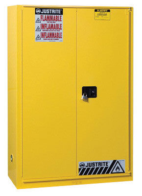 Justrite 45 Gallon Yellow Sure-Grip EX 18 Gauge Cold Rolled Steel Safety Cabinet With Bi-Fold Self-Closing Door And Shelves-eSafety Supplies, Inc