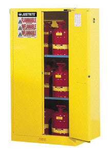 Justrite 60 Gallon Yellow Sure-Grip EX 18 Gauge Cold Rolled Steel Vertical Drum Safety Cabinet With Self-Closing Doors And Shelves-eSafety Supplies, Inc