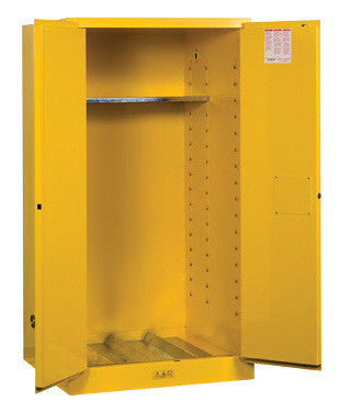 Justrite 55 Gallon Yellow Sure-Grip EX 18 Gauge Cold Rolled Steel Vertical Drum Safety Cabinet With Manual Close Doors And Shelf And Drum Support-eSafety Supplies, Inc