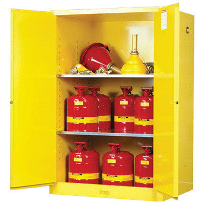 Justrite 90 Gallon Yellow Sure-Grip EX 18 Gauge Cold Rolled Steel Vertical Drum Safety Cabinet With Manual Close Doors And Shelves-eSafety Supplies, Inc