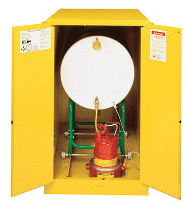 Justrite 55 Gallon Yellow Sure-Grip EX 18 Gauge Cold Rolled Steel Horizontal Drum Safety Cabinet With Self-Closing Doors And Cradle Track-eSafety Supplies, Inc