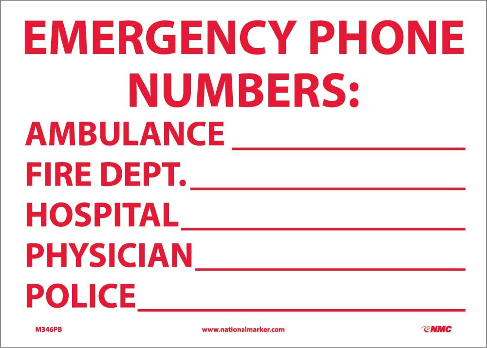 Emergency Phone Numbers Sign-eSafety Supplies, Inc