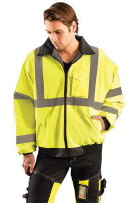 OccuNomix Medium Hi-Viz Yellow Value Economy Bomber Polyurethane Coated Polyester Class 3 Jacket With Front Zipper Closure, 2" Silver Reflective Tape, Sealed Seams, Black Collar,-eSafety Supplies, Inc