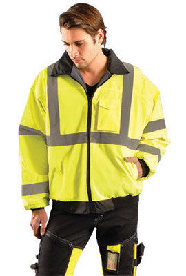 OccuNomix X-Large Hi-Viz Yellow Value Economy Bomber Polyurethane Coated Polyester Class 3 Jacket With Front Zipper Closure, 2" Silver Reflective Tape, Sealed Seams, Black Collar,-eSafety Supplies, Inc
