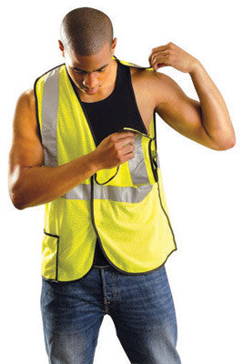 OccuNomix Large Hi-Viz Yellow OccuLux Premium Light Weight Polyester Mesh Class 2 5-Point Break-Away Vest With Front Hook And Loop Closure And 3M Scotchlite 2" Reflective Tape And 2 Pockets-eSafety Supplies, Inc