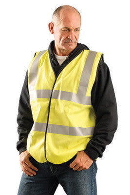 OccuNomix 3X Hi-Viz Yellow Classic Flame Resistant Cotton Class 2 Single Stripe Solid Vest With Hook And Loop Closure And 3M Scotchlite 2" Reflective Tape And 1 Pocket-eSafety Supplies, Inc