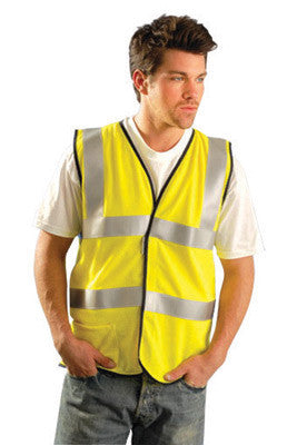 OccuNomix 2X Hi-Viz Yellow OccuLux Premium Flame Resistant Modacrylic Mesh Class 2 Dual Stripe Vest With Front Hook And Loop Closure, 3M Scotchlite 2" Silver Reflective Tape,-eSafety Supplies, Inc