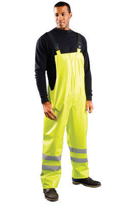 OccuNomix 3X Yellow Premium PVC Coated Modacrylic And Cotton Jersey Flame Resistant Rain Bib Pants With Side Snap Closure And 3M Scotchlite Reflective Stripe-eSafety Supplies, Inc