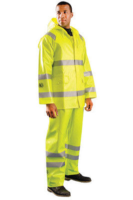 OccuNomix 2X Hi-Viz Yellow Premium PVC Coated Modacrylic And Cotton Jersey Flame Resistant Rain Jacket With Storm Flap Over Non-Sparking Zipper And Snap Button Closure, 3M Scotchlite Reflective Stripe-eSafety Supplies, Inc