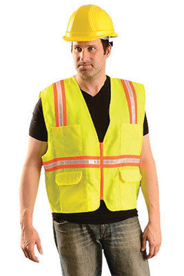 OccuNomix Large Hi-Viz Yellow OccuLux Classic Economy Woven Twill Solid Polyester Two-Tone Surveyor's Vest With Front Zipper Closure And 3/4" White Gloss Tape Backed by Orange Trim And 9 Pockets-eSafety Supplies, Inc