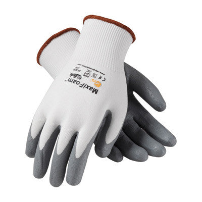 Protective Industrial Products X-Large MaxiFoam By ATG 15 Gauge Abrasion Resistant Gray Foam Nitrile Palm And Fingertip Coated Work Gloves With White Seamless Knit Nylon Liner And Continuous Knit Cuff-eSafety Supplies, Inc