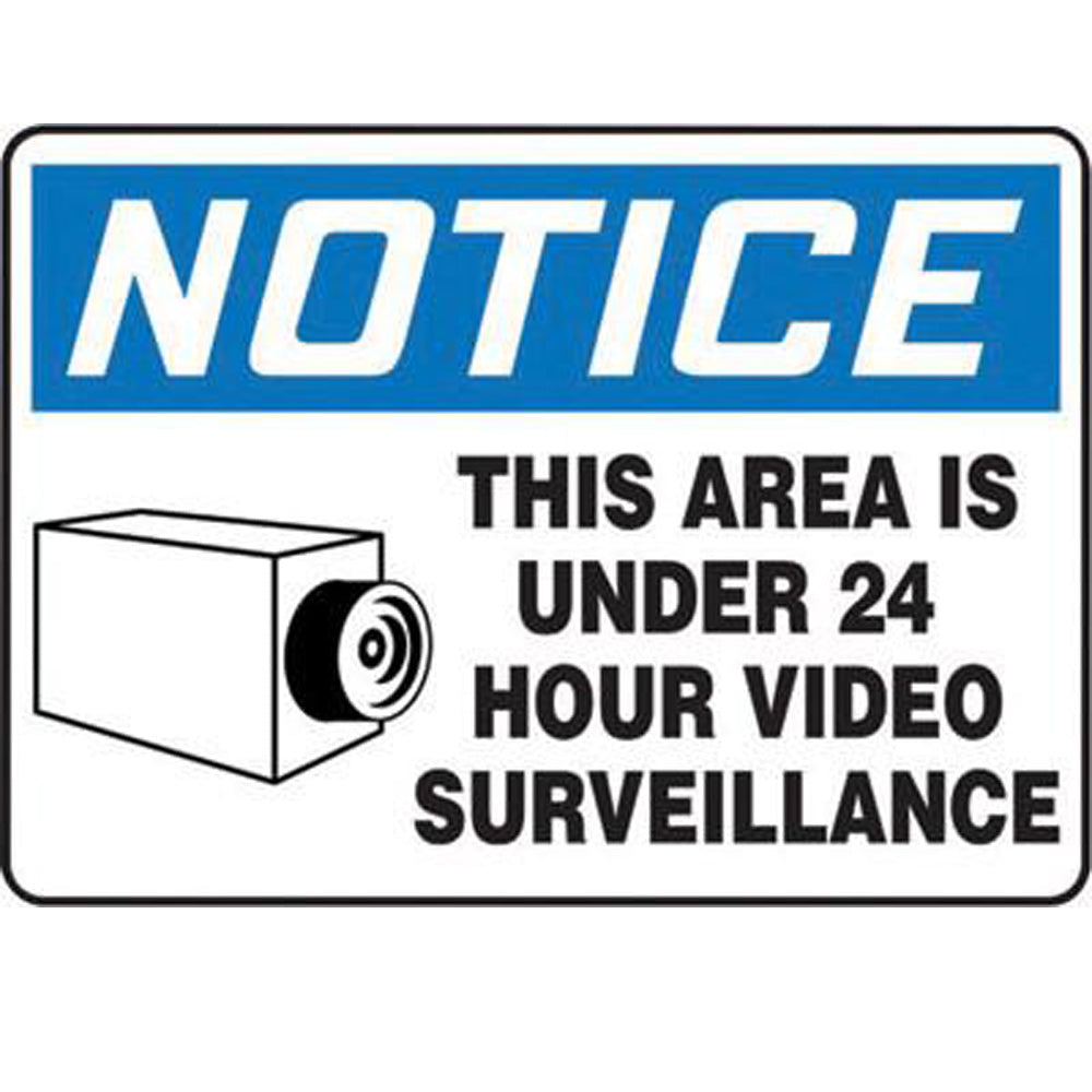 Accuform Signs 10" X 14" Black, Blue And White 0.055" Plastic Admittance And Exit Sign "NOTICE THIS AREA IS UNDER 24 HOUR VIDEO SURVEILLANCE" With 3/16" Mounting Hole And Round Corner-eSafety Supplies, Inc
