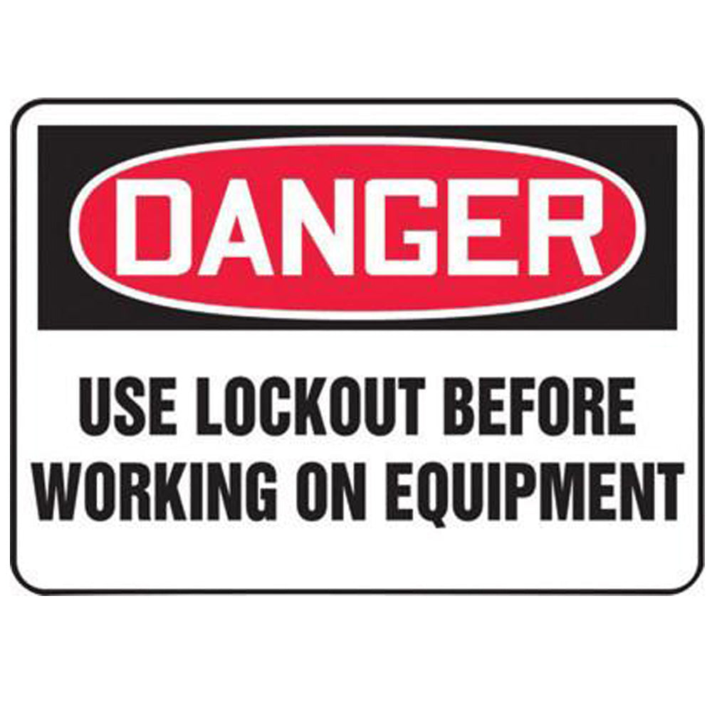 Accuform Signs 10" X 14" Black, Red And White 0.040" Aluminum Lockout/Tagout Sign "DANGER USE LOCKOUT BEFORE WORKING ON EQUIPMENT" With Round Corner-eSafety Supplies, Inc