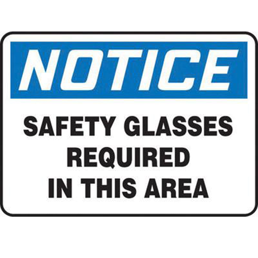 Accuform Signs 10" X 14" Black, Blue And White 0.040" Aluminum PPE Sign "NOTICE SAFETY GLASSES REQUIRED IN THIS AREA" With Round Corner-eSafety Supplies, Inc