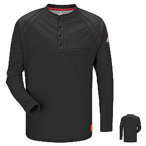 VF Imagewear Bulwark IQ Large Black 5.3 Ounce 69% Cotton 25% Polyester 6% Polyoxadiazole Men's Long Sleeve Flame Resistant Henley Shirt With Concealed Pencil Stall And Chest Pocket-eSafety Supplies, Inc
