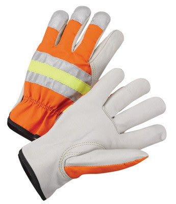 Radnor Medium Gray And Hi-Viz Orange Grain Cowhide Unlined Drivers Gloves With Keystone Thumb, Slip-On Cuff And Color-Coded Hem-eSafety Supplies, Inc