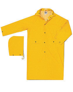 River City Garments Large 49" Yellow Classic .3500 mm PVC And Polyester Rain Coat With Snap Storm Fly Front Closure And Detachable Drawstring Hood-eSafety Supplies, Inc