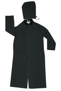 River City Garments Medium 60" Black Classic .3500 mm PVC And Polyester Rider Rain Coat With Snap Storm Fly Front Closure And Detachable Hood-eSafety Supplies, Inc