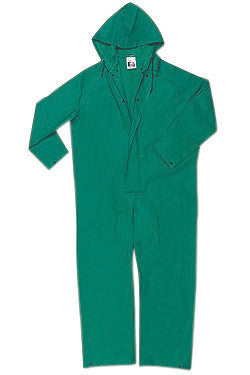River City Garments 3X Green Dominator .4200 mm PVC And Polyester Flame Resistant Rain Coveralls With Double Storm Flap Over Front Zipper Closure And Attached Drawstring Hood-eSafety Supplies, Inc