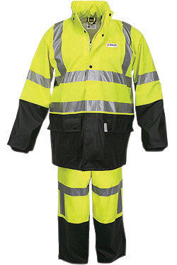 River City Garments 4X Fluorescent Lime And Black Luminator .4000 mm Polyester And Polyurethane Flame Resistant 2 Piece Rain Suit With 3M Reflective Stripe-eSafety Supplies, Inc